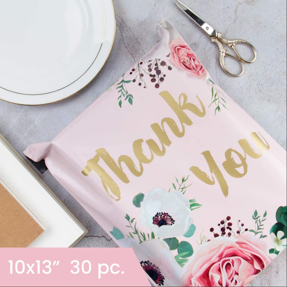 10x13" (30 Pack) Thank You Floral Polymailers (Light Pink)